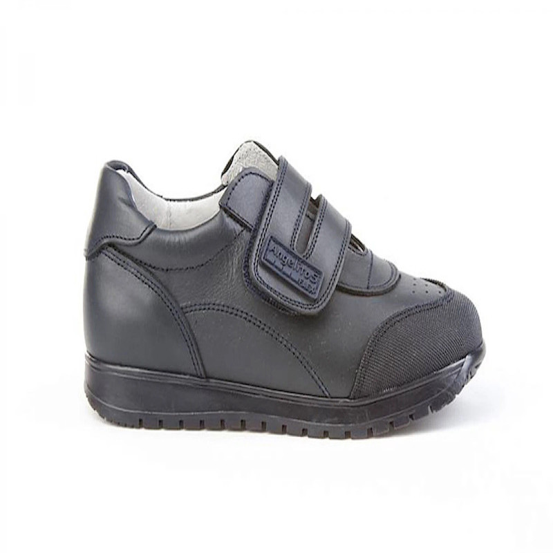 Made in Spain EU23-EU35 School Sports shoes reinforced PVC Toe Napa Leather Single Strap velcro sneakers Non Slip Rubber Black 